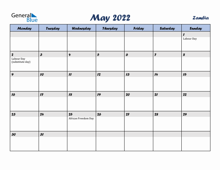 May 2022 Calendar with Holidays in Zambia