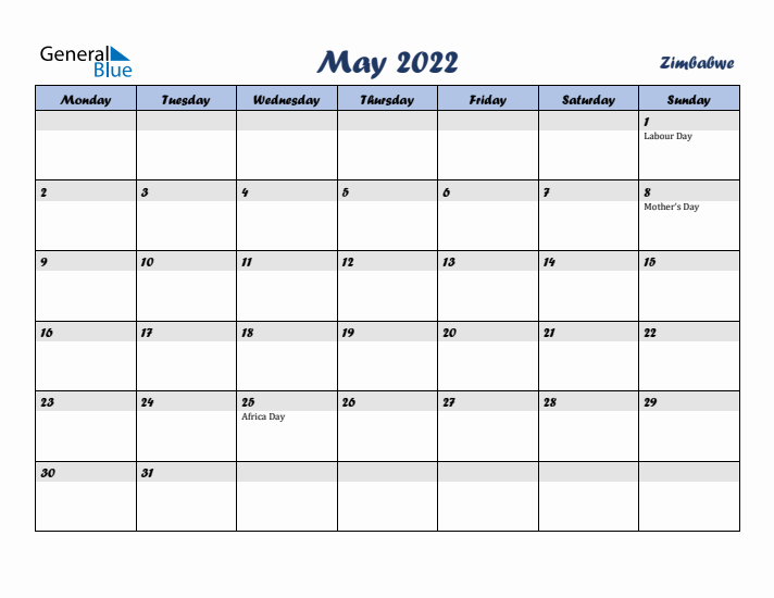 May 2022 Calendar with Holidays in Zimbabwe