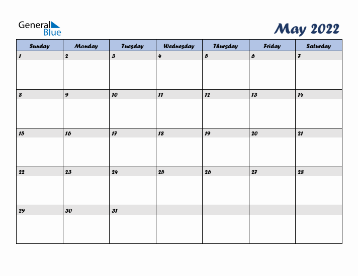 May 2022 Blue Calendar (Sunday Start)