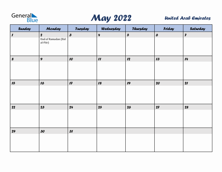 May 2022 Calendar with Holidays in United Arab Emirates