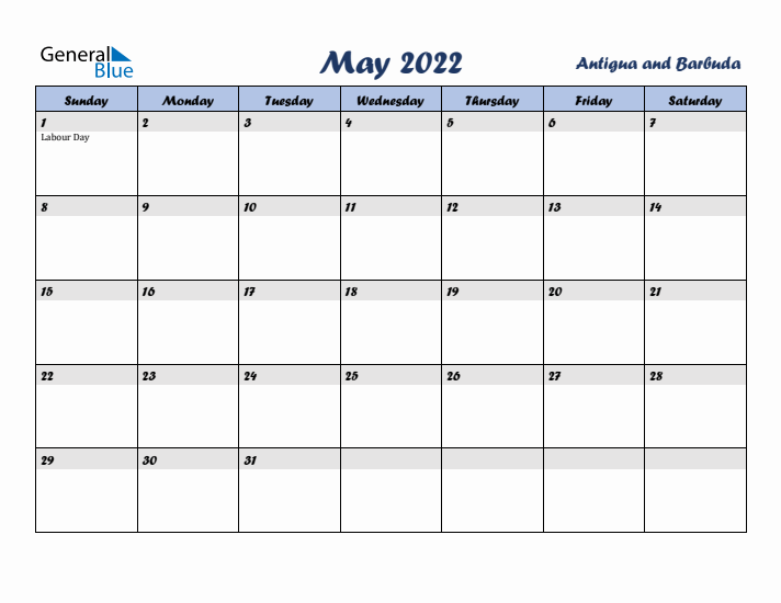 May 2022 Calendar with Holidays in Antigua and Barbuda
