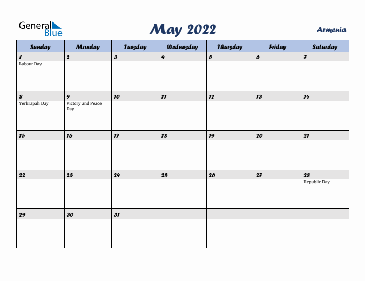 May 2022 Calendar with Holidays in Armenia