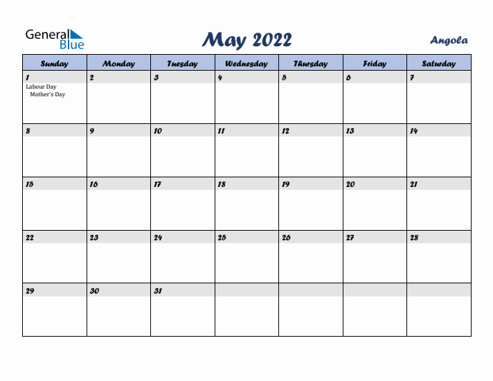 May 2022 Calendar with Holidays in Angola