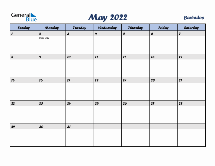 May 2022 Calendar with Holidays in Barbados