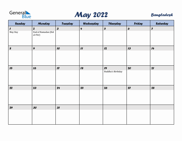 May 2022 Calendar with Holidays in Bangladesh