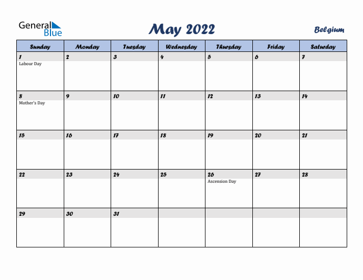 May 2022 Calendar with Holidays in Belgium