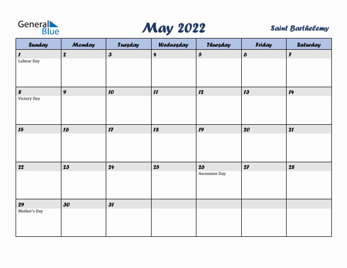 May 2022 Calendar with Holidays in Saint Barthelemy