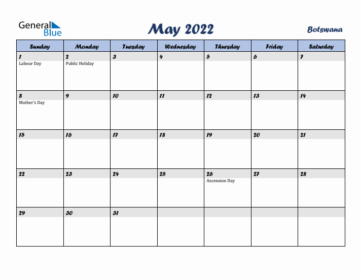 May 2022 Calendar with Holidays in Botswana