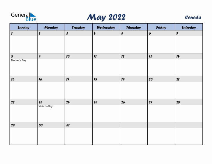 May 2022 Calendar with Holidays in Canada