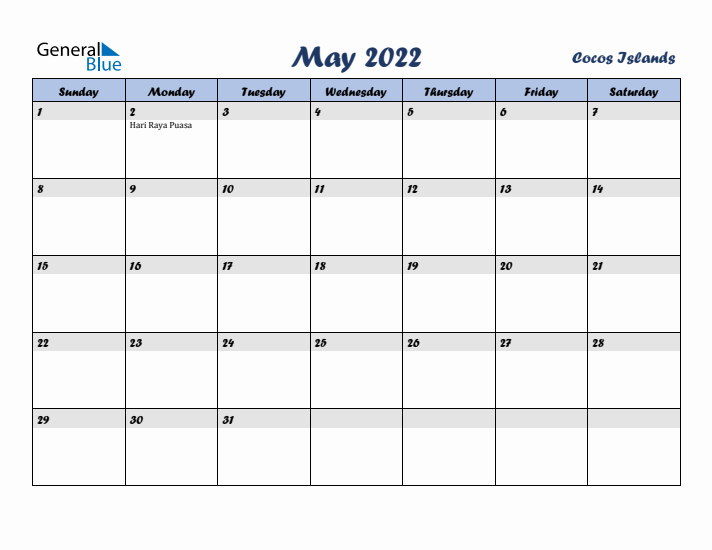 May 2022 Calendar with Holidays in Cocos Islands