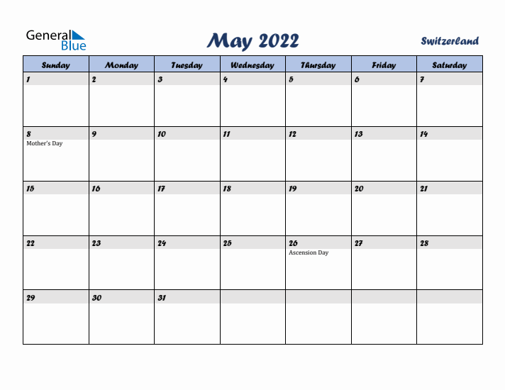 May 2022 Calendar with Holidays in Switzerland