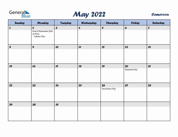 May 2022 Calendar with Holidays in Cameroon