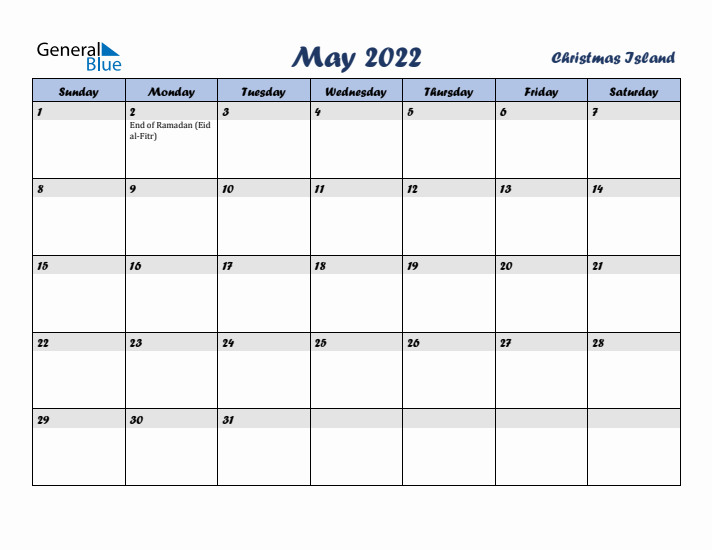 May 2022 Calendar with Holidays in Christmas Island