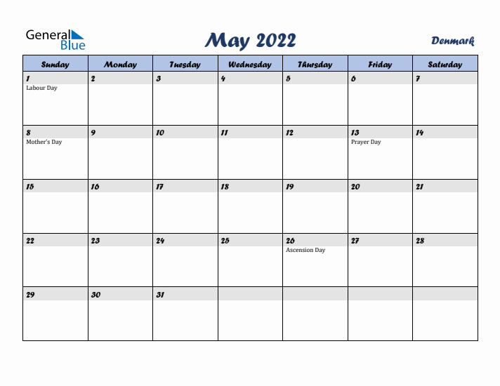 May 2022 Calendar with Holidays in Denmark