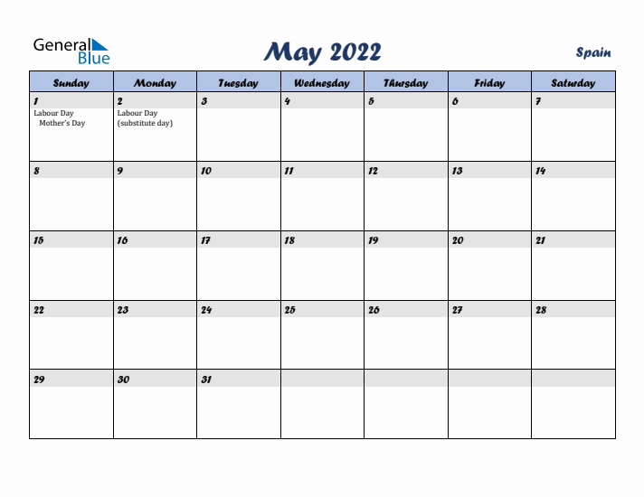 May 2022 Calendar with Holidays in Spain