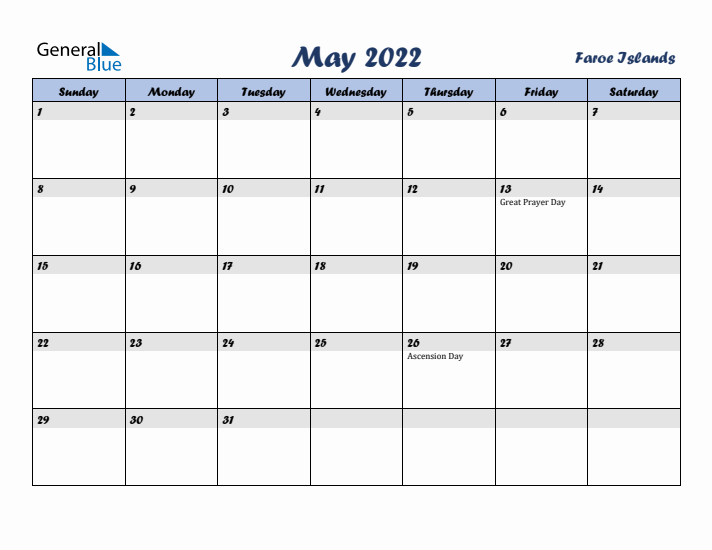 May 2022 Calendar with Holidays in Faroe Islands