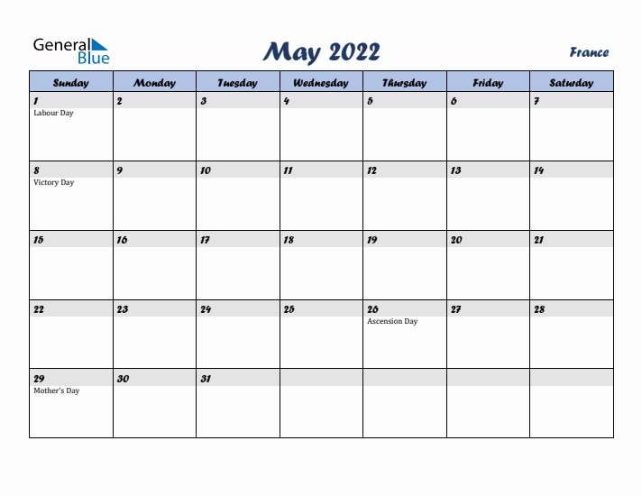 May 2022 Calendar with Holidays in France