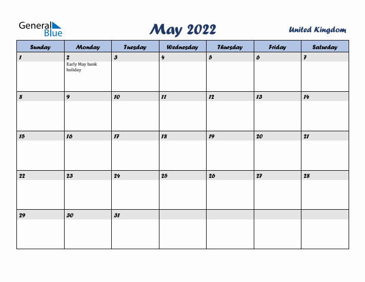 May 2022 Calendar with Holidays in United Kingdom