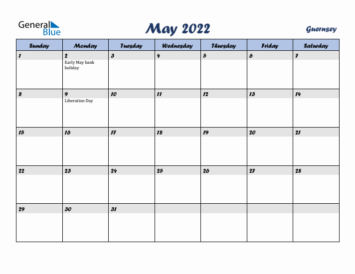 May 2022 Calendar with Holidays in Guernsey