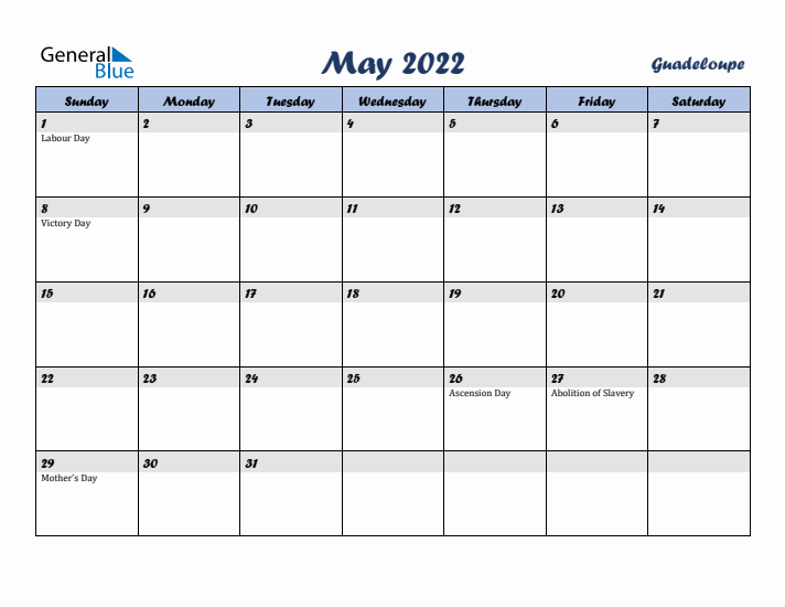 May 2022 Calendar with Holidays in Guadeloupe