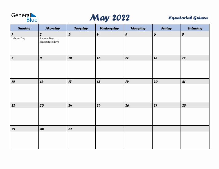 May 2022 Calendar with Holidays in Equatorial Guinea