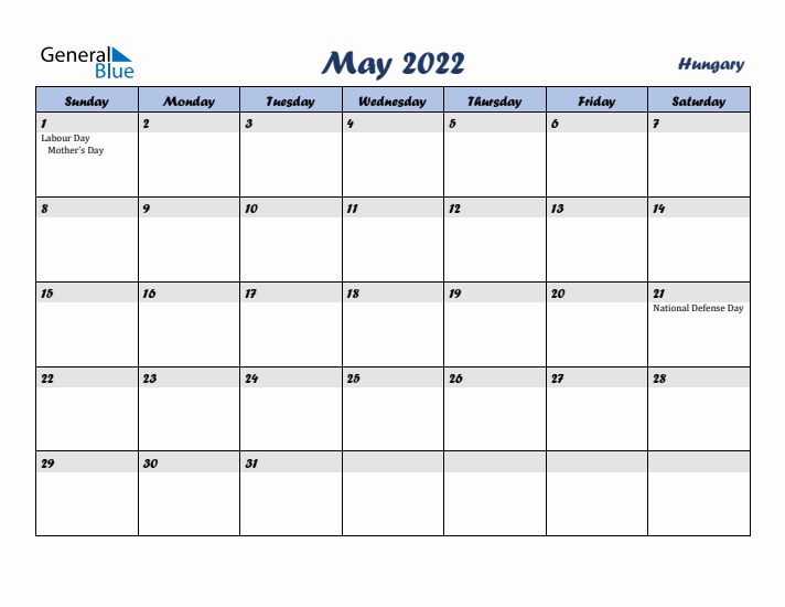 May 2022 Calendar with Holidays in Hungary