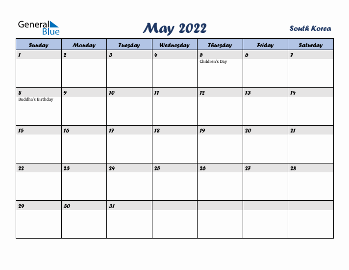 May 2022 Calendar with Holidays in South Korea