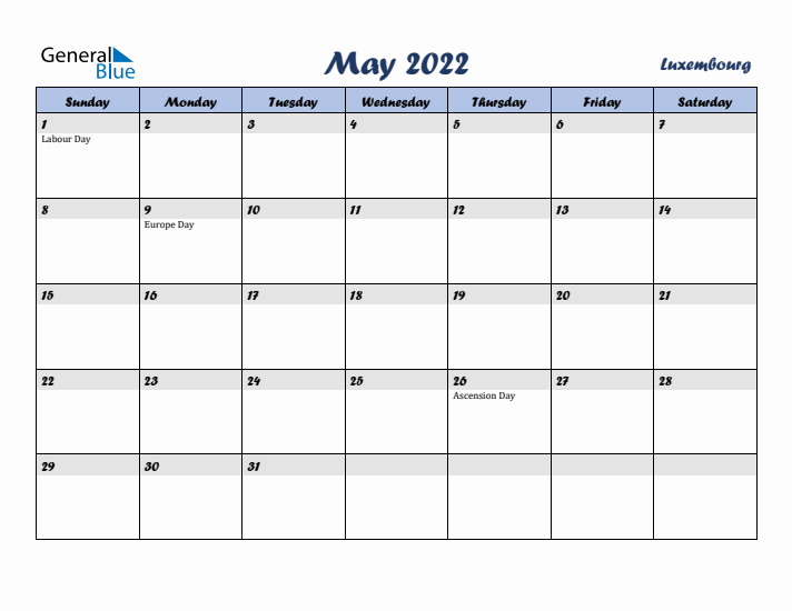 May 2022 Calendar with Holidays in Luxembourg