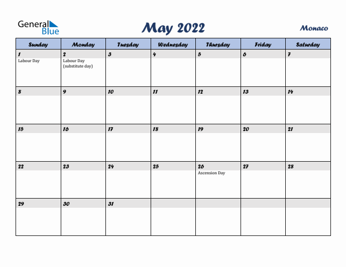 May 2022 Calendar with Holidays in Monaco