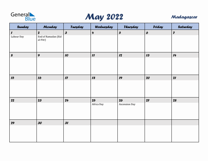 May 2022 Calendar with Holidays in Madagascar