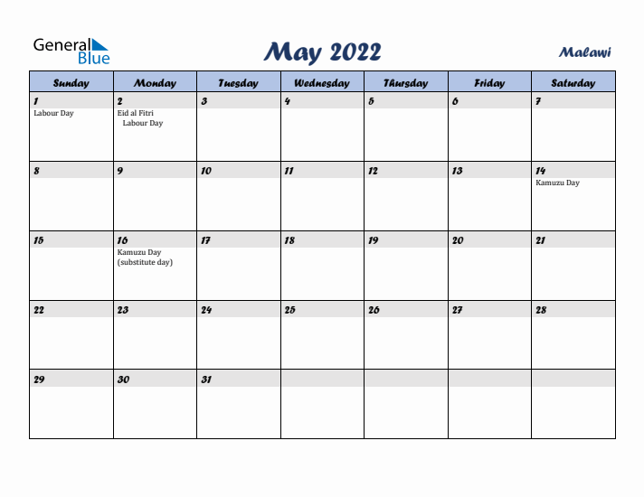 May 2022 Calendar with Holidays in Malawi