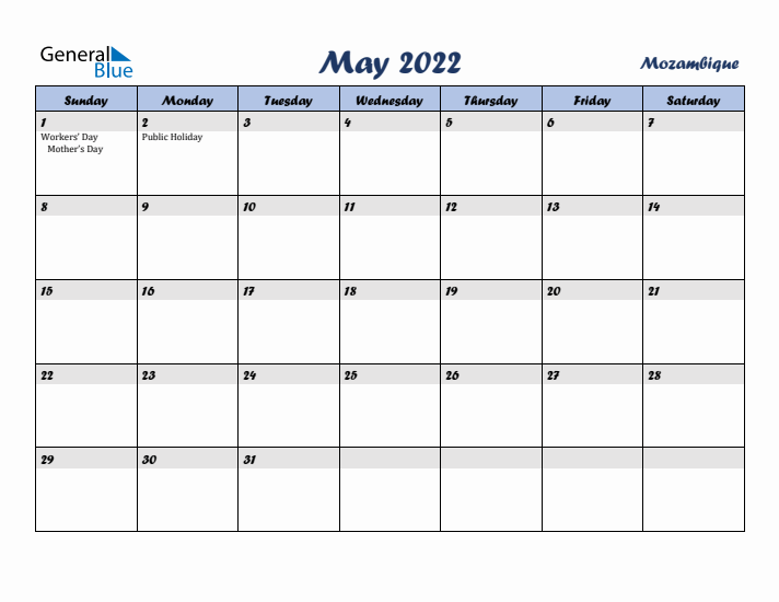 May 2022 Calendar with Holidays in Mozambique