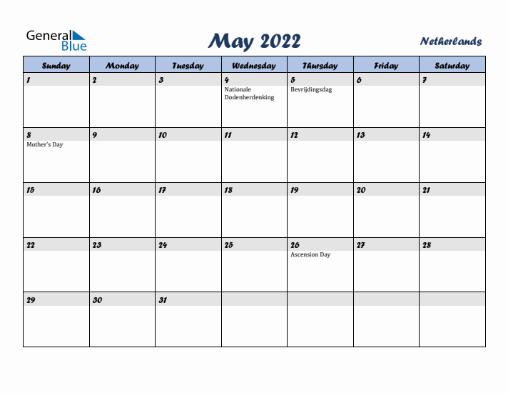 May 2022 Calendar with Holidays in The Netherlands