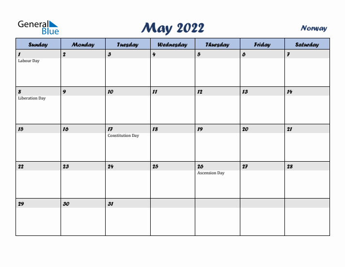 May 2022 Calendar with Holidays in Norway