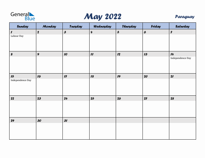 May 2022 Calendar with Holidays in Paraguay