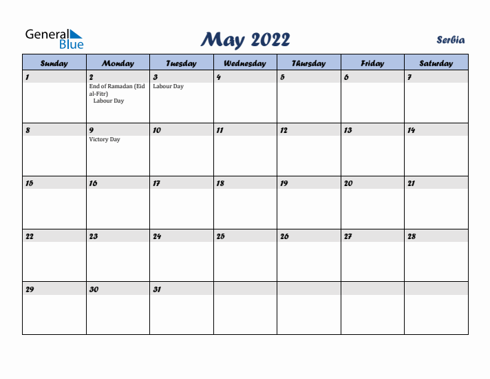 May 2022 Calendar with Holidays in Serbia