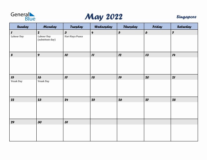 May 2022 Calendar with Holidays in Singapore