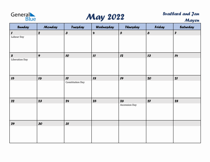 May 2022 Calendar with Holidays in Svalbard and Jan Mayen