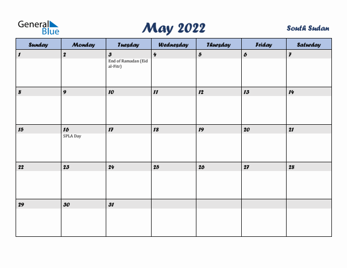 May 2022 Calendar with Holidays in South Sudan
