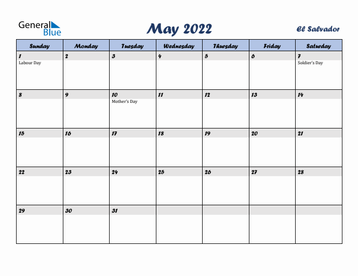 May 2022 Calendar with Holidays in El Salvador
