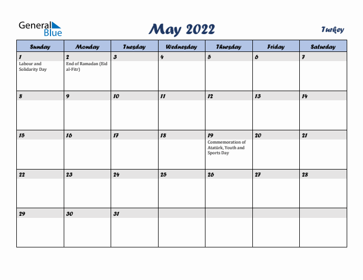 May 2022 Calendar with Holidays in Turkey