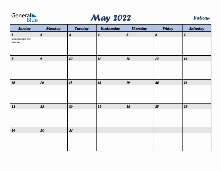 May 2022 Calendar with Holidays in Vatican