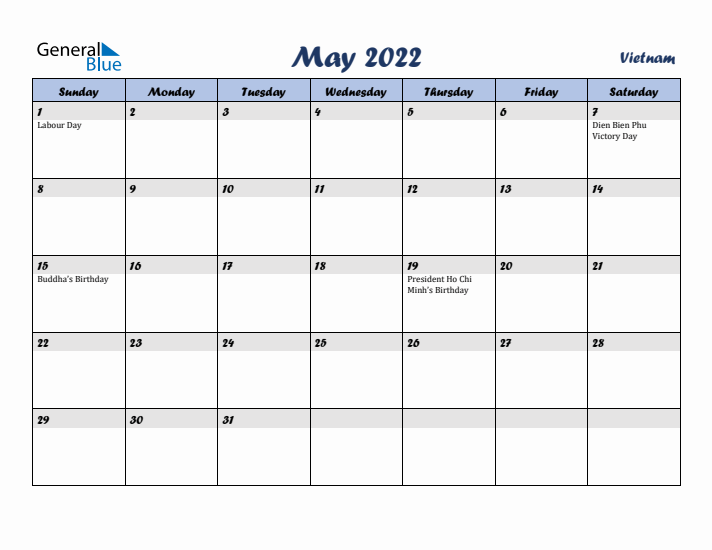 May 2022 Calendar with Holidays in Vietnam
