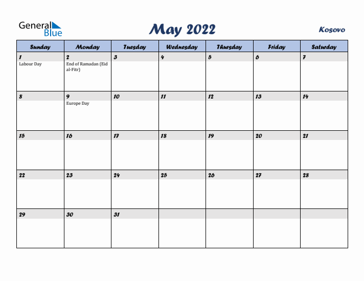 May 2022 Calendar with Holidays in Kosovo