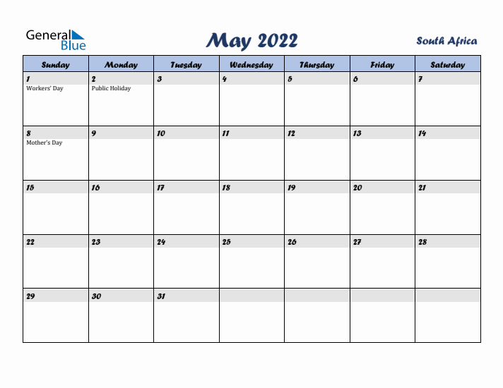 May 2022 Calendar with Holidays in South Africa