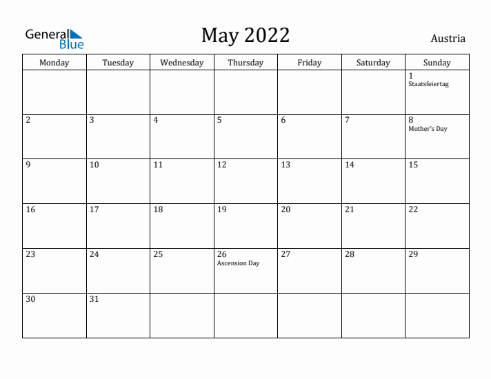 May 2022 Calendar Austria