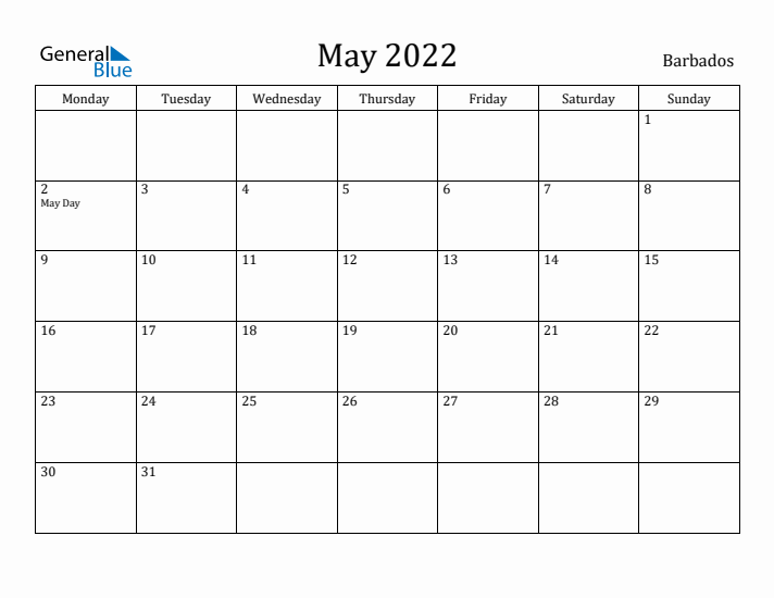 May 2022 Calendar Barbados