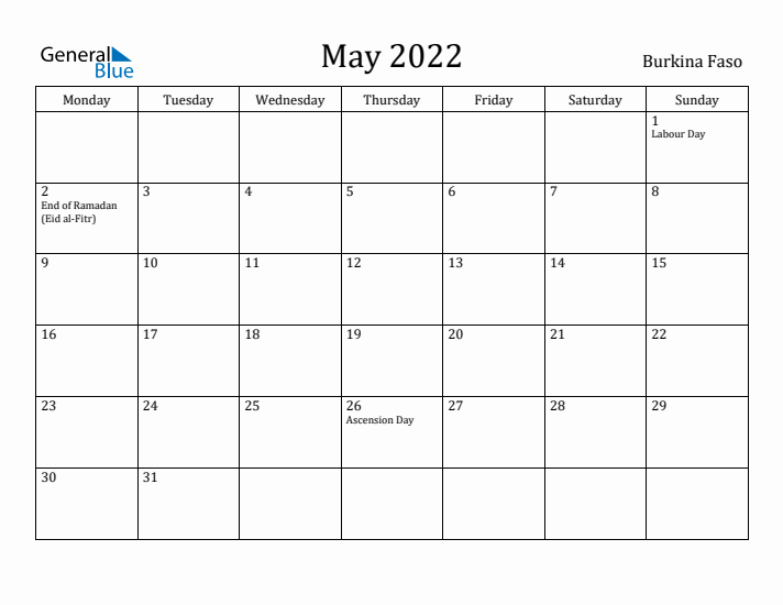 May 2022 Calendar Burkina Faso