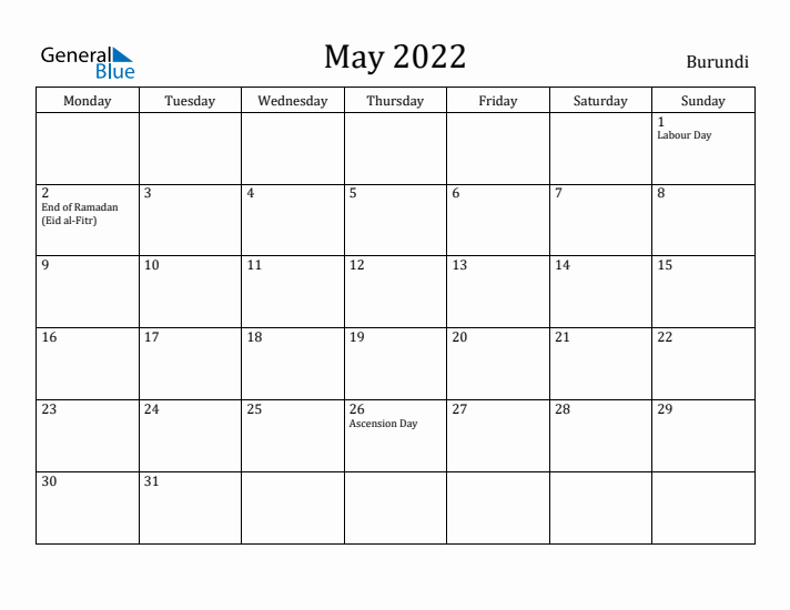 May 2022 Calendar Burundi