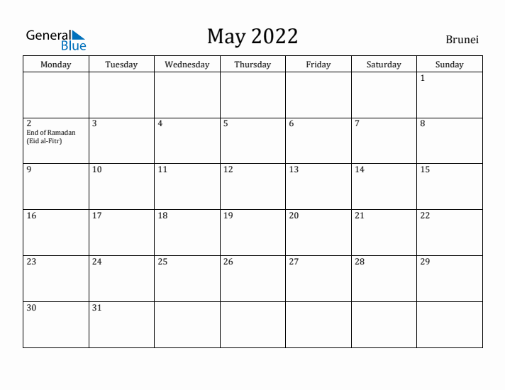 May 2022 Calendar Brunei